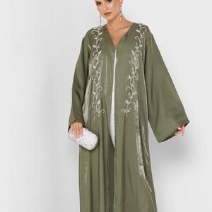 Embroidered Olive Green Satin Abaya by Haya's Closet NWT